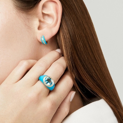 Mikro-Einsatz 18K Goldplattiert Blau Topaz Emaille Mode Frauen Messing Ringe