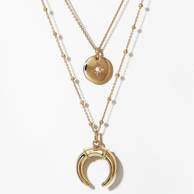 Gold-Sprenkler-Schicht-Halsband Set 45cm Zirkonia Münze Horn Anhänger-Halsband