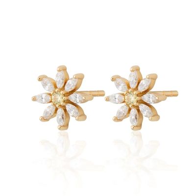925 Sterling Silber 18K Goldplattierte Blumen Design Stud Ohrringe mit Marquise Schnitt und Klauen Setting