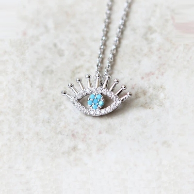 925 Sterling Silber Micro Pave Clear CZ und Turkis Böse Augen Anhänger Halskette Halskette