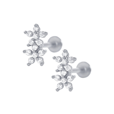 Klassische Art Doppelblumen Ball Rücken Flach Rücken 925 Sterling Silber Ohrringe für Mädchen