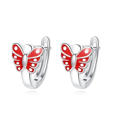 Schmetterling Rot-Emaille Kinder Sterling Silber Hoop Ohrringe Weißgold Plattiert