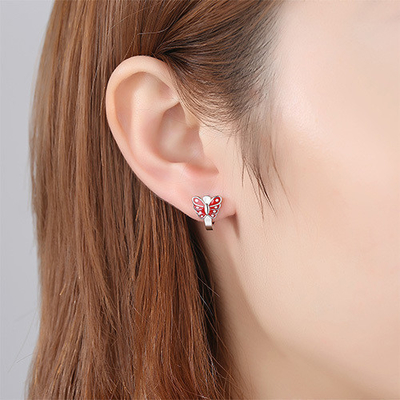 Schmetterling Rot-Emaille Kinder Sterling Silber Hoop Ohrringe Weißgold Plattiert