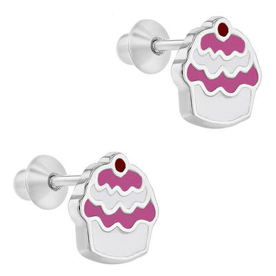 Cupcake Rosa Emaille 925 Sterling Silber Schraube Zurück Kinder Ohrringe Schmuck