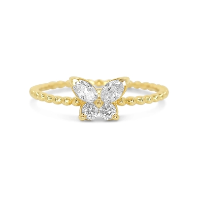 925 Sterling Silber Damenring mit handgefertigter 18K Goldkugel und Marquise Butterfly