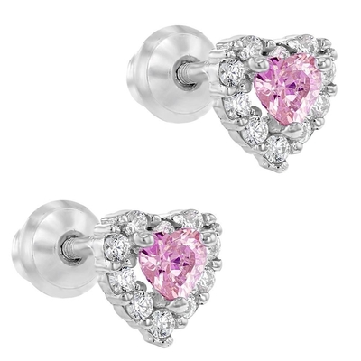 Rose Gold Plated Heart Pink CZ Schraubrücken Stud Ohrringe für Kinder in 925 Sterling Silber