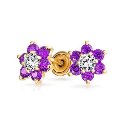 Blume Amethyst CZ Geburtsstein Baby Mädchen 925 Sterling Silber Schrauben Rücken Stud Ohrringe