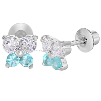 Schmetterlingblau und klar CZ Kinder-Stud-Ohrringe 925 Sterling Silber