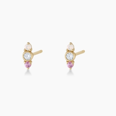 Weiße Opal und Pink Sapphire CZ Stud Ohrringe Drei Steine Kubik Zirkonia Studs