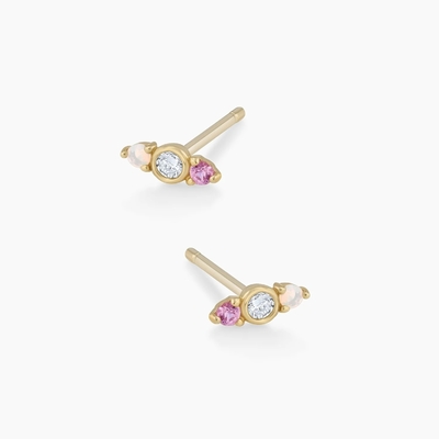 Weiße Opal und Pink Sapphire CZ Stud Ohrringe Drei Steine Kubik Zirkonia Studs