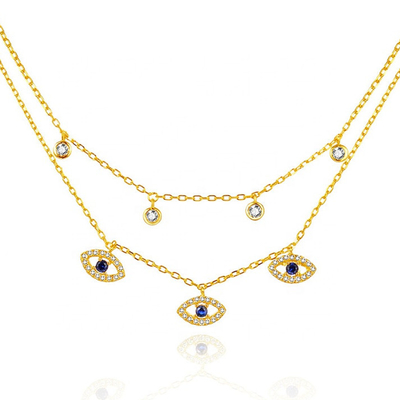 Doppelschicht Evil Eye Bezel Set Diamant Halskette Frauen Bezel Set Anhänger