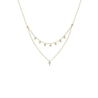 Zwei Schichten Bezel Set Diamant Kreuz Anhänger Rhodium Gold Plattiert Kette Halskette