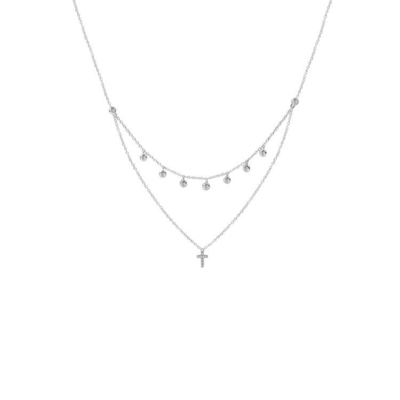 Zwei Schichten Bezel Set Diamant Kreuz Anhänger Rhodium Gold Plattiert Kette Halskette