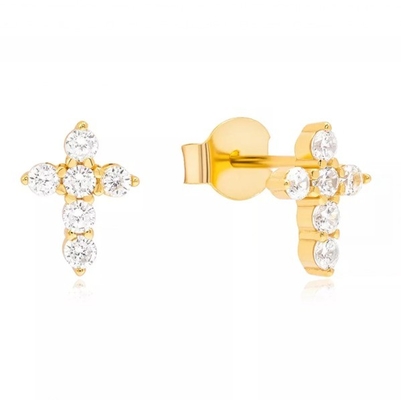 18K-Goldplattiert Mikron Pave Cross Stud Ohrring in 925 Sterling Silber für Mädchen