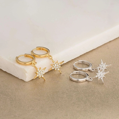 Luxus Starburst Gold überzogene Hoop Ohrringe 925 Gold überzogene kleine Hoop Ohrringe