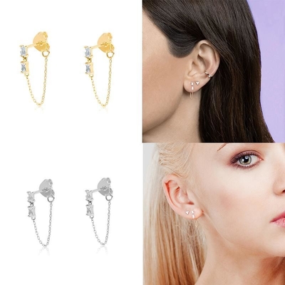 Verkauf Baguette Kubik Zirkon Threader Stud Ohrring Schmuck 925 Sterling Silber für Frauen