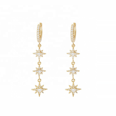 Goldplattierte 925-Silber-Brasilianische Starburst-Lange-Dangle-Hoop-Ohrringe für Frauen
