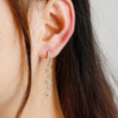 Goldplattierte 925-Silber-Brasilianische Starburst-Lange-Dangle-Hoop-Ohrringe für Frauen