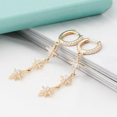 Goldplattierte 925-Silber-Brasilianische Starburst-Lange-Dangle-Hoop-Ohrringe für Frauen