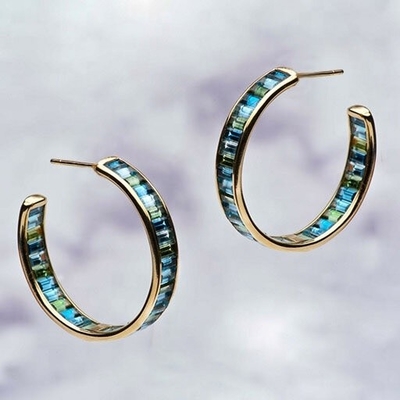 Schmuck Hauptmaterial Silber Baguette Blau und Grün Topaz Stud Hoops für den klassischen Stil