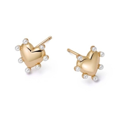 Herzensform Perlen Stud Ohrringe Handgefertigt In 925 Sterling Silber 14K Gold Für Mädchen Mode Feinschmuck