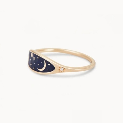 Handgefertigt 18K Goldplattiert Midnight Blau Emaille 925 Sterling Silber Runde Brillante CZ Stapelring für Mädchen