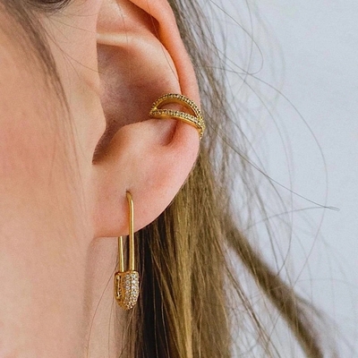 Weibliche Hoop-Ohrringe in 925 Silber mit klarem CZ Diamant Brasilianischer Gelbgold Schmuck