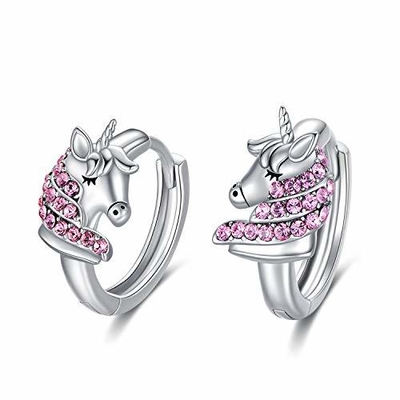 925 Sterling Silber Einhorn Huggie Ohrringe 16mm Pink CZ für Kinder