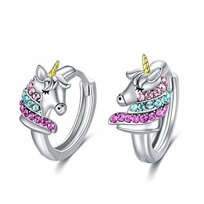 925 Sterling Silber Einhorn Huggie Ohrringe 16mm Pink CZ für Kinder