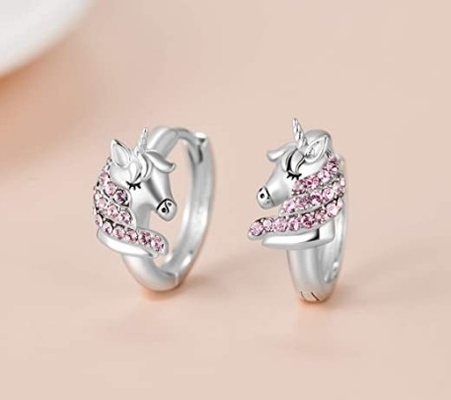 925 Sterling Silber Einhorn Huggie Ohrringe 16mm Pink CZ für Kinder