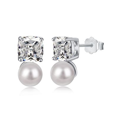 925 Sterling Silver Freshwater Pearl Stud Earrings with Cushion Cut Zircon for Women