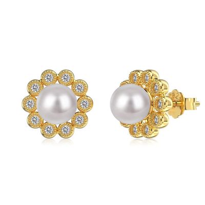 925 Sterling Silver Flower Design Earrings with Micro-Inset Zircon and 14K Gold Plated Korean Style Stud Earrings
