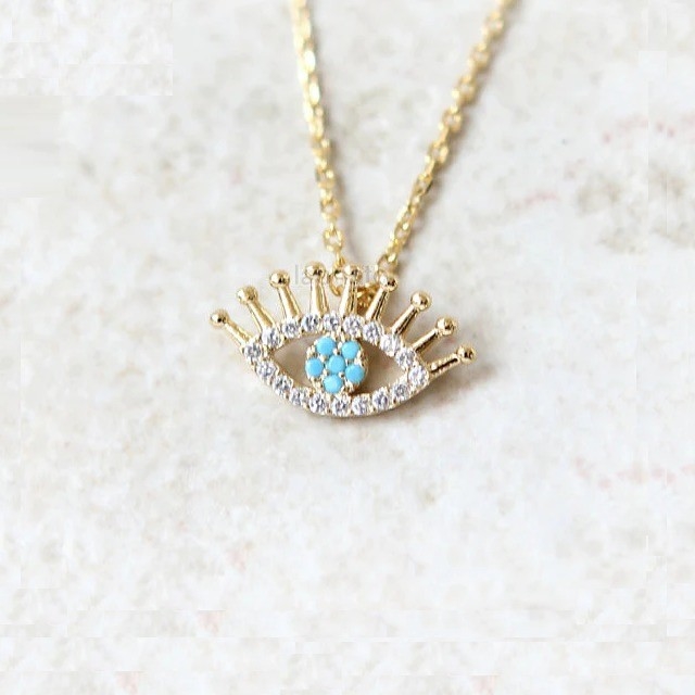 925 Sterling Silber Micro Pave Clear CZ und Turkis Böse Augen Anhänger Halskette Halskette