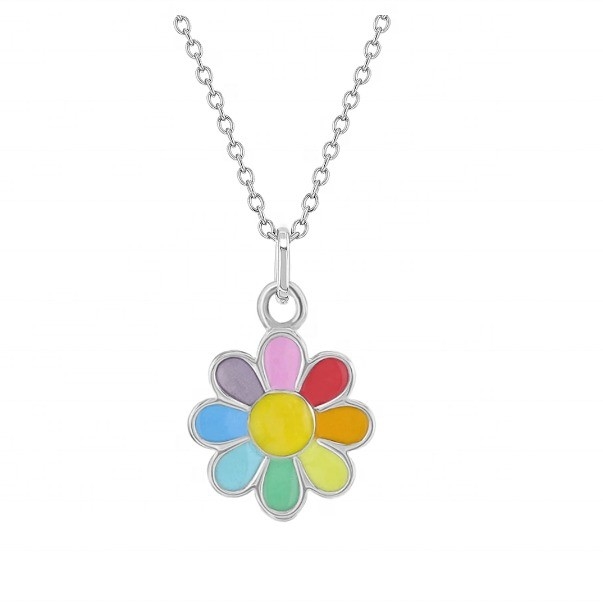 925 Sterling Silber Regenbogen Emaille Daisy Anhänger Halsketten für Kinder und Kleinkinder