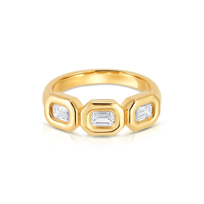 Handgefertigter Silber Triple Smaragd Ring mit AAA Zirkon Stein und 14K Gold Bezel Setting