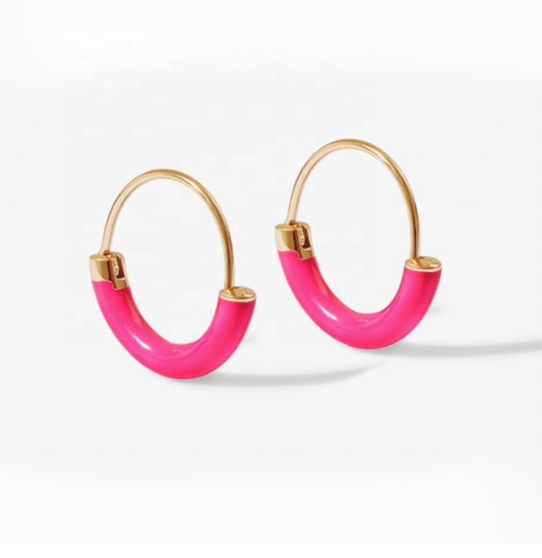 925 Sterling Silber Ohrringe 18mm Dia Hoops mit heißrosaemalen und 18K Goldbeschichtung