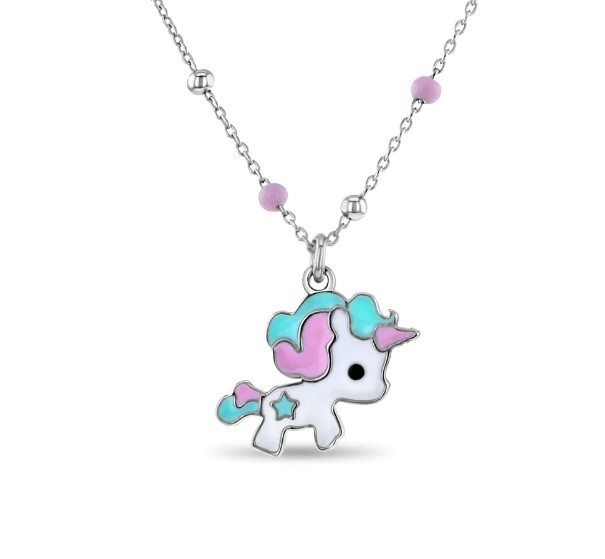 Kinder-Emaille Einhorn Anhänger Halskette 925 Sterling Silber Weißgold Plattiert