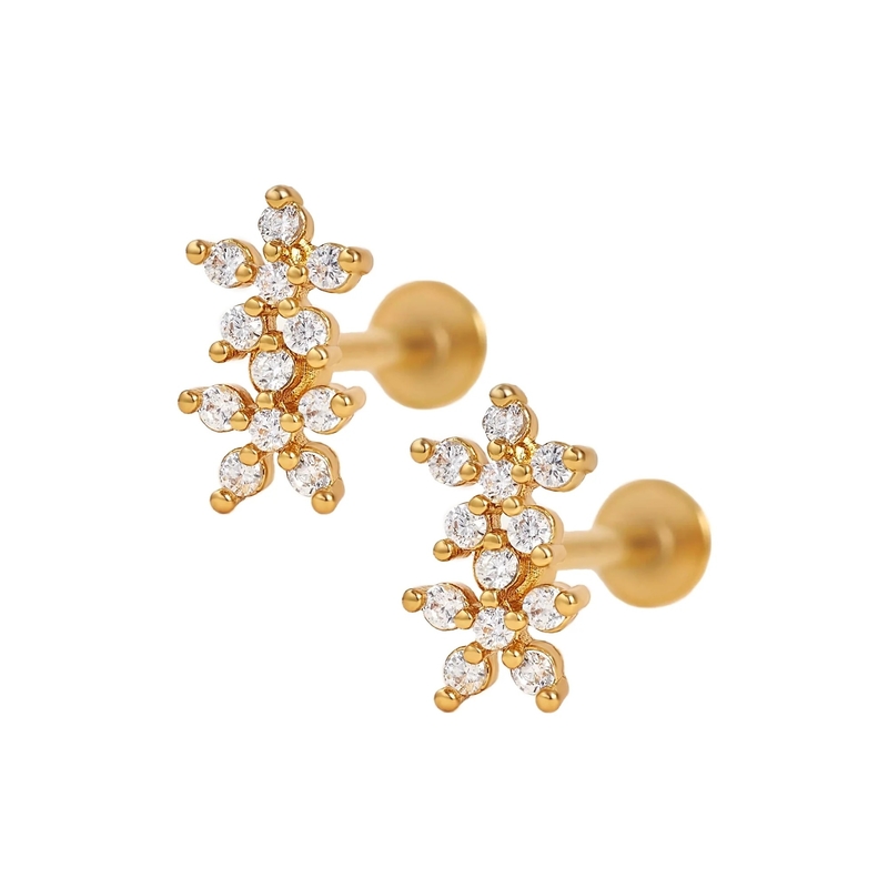 Klassische Art Doppelblumen Ball Rücken Flach Rücken 925 Sterling Silber Ohrringe für Mädchen