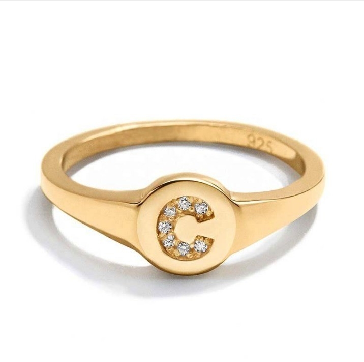 Customizable Letter Initial Signet Ring 18K Gold Plated 925 Silver CZ Classic Design