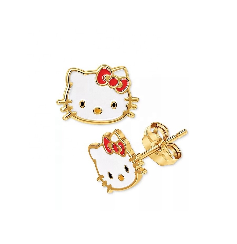 18K Goldbeschichtete Hello Kitty Emaille Stud Ohrringe für Mädchen in 925 Sterling Silber