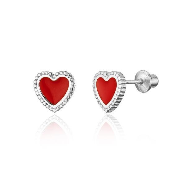 Kinder-Schraub-Rück-Ohrringe in 925 Sterling Silber mit winzigem rotem Emailleherz