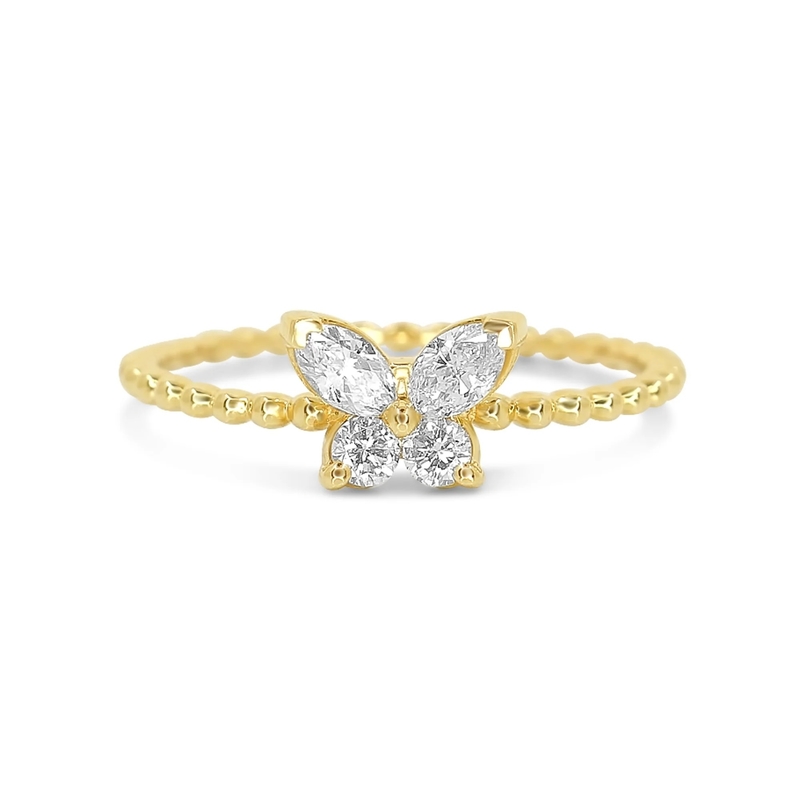 925 Sterling Silber Damenring mit handgefertigter 18K Goldkugel und Marquise Butterfly