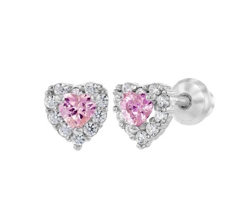 Rose Gold Plated Heart Pink CZ Schraubrücken Stud Ohrringe für Kinder in 925 Sterling Silber