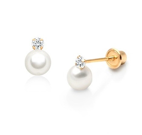 Kinder Schmuck Perl Drop Ohrringe mit Schraubrücken und Weiß CZ in 925 Sterling Silber