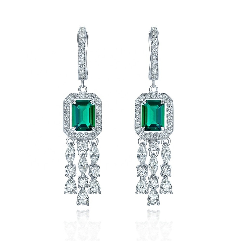 Echtes Sterling Silber 925 Grün Baguette CZ Diamant-Lange Hoop-Ohrringe für Unisex-Tragen