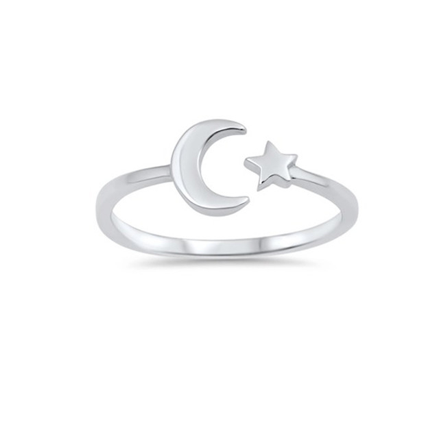 925 Sterling Silber High Polish Einfacher offener Mond-Sternring perfekt für jeden Anlass