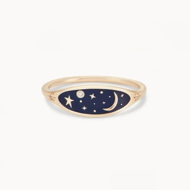 Handgefertigt 18K Goldplattiert Midnight Blau Emaille 925 Sterling Silber Runde Brillante CZ Stapelring für Mädchen