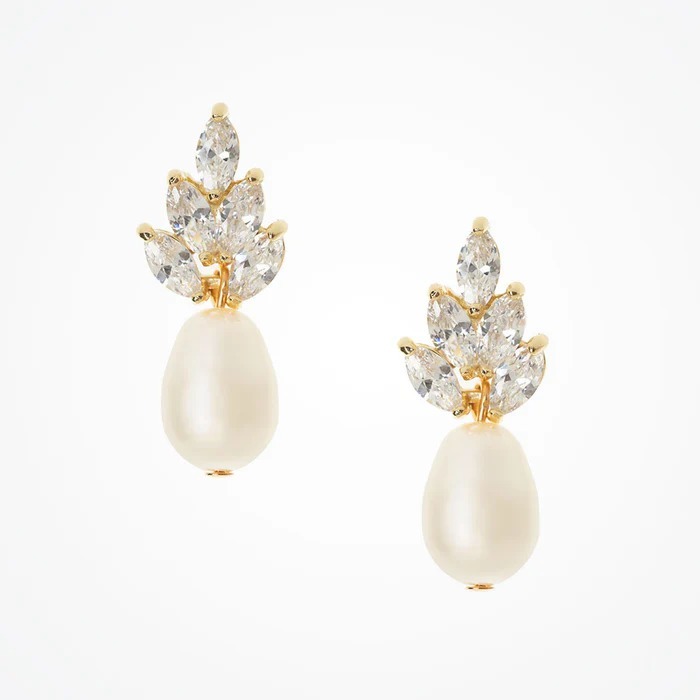 Handmade 18K Gold Plated Pearl Drop Earrings with White Glass Pearls for Bridal and Wedding