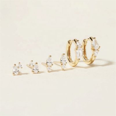 Trendy 18K Gold Plattiert Weiß Kubik Zirkon 925 Sterling Silber Stud & Huggies Set Ohrringe