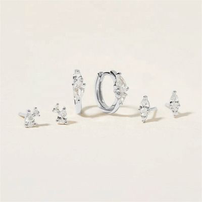 Trendy 18K Gold Plattiert Weiß Kubik Zirkon 925 Sterling Silber Stud & Huggies Set Ohrringe